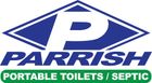 Logo for Parrish Portable Toilets/Septic. Blue diamond with white 