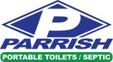 Logo for Parrish Portable Toilets/Septic. Blue diamond with white 