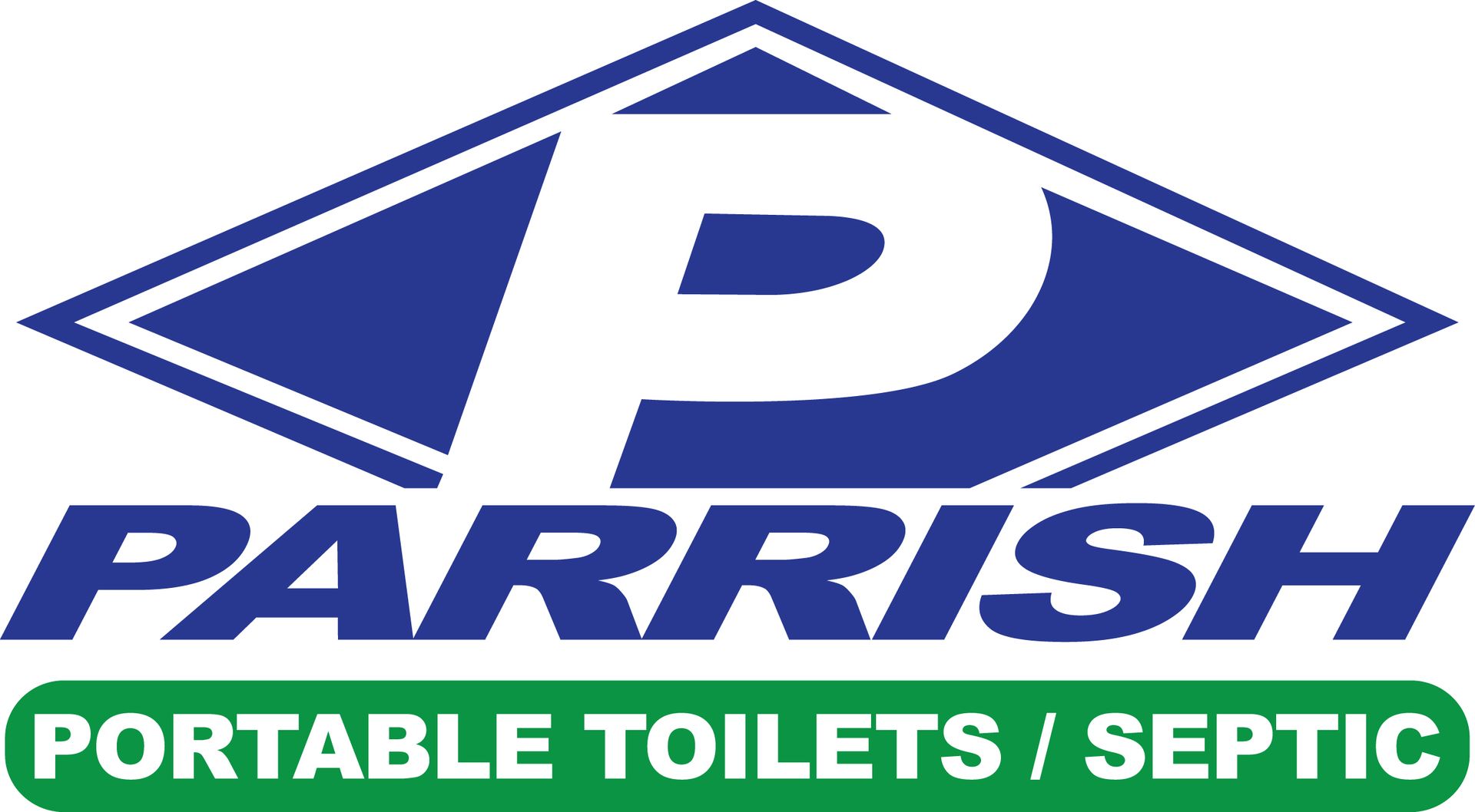 Logo for Parrish Portable Toilets/Septic. Blue diamond with white