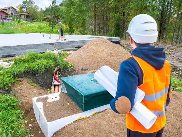 Worker in orange vest inspecting utility boxes near a trench at a construction site