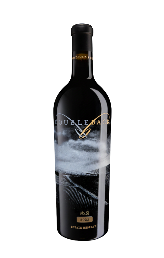 Black wine bottle with abstract white wave design and gold lettering on a white background