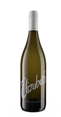 A bottle of Elizabeth Chardonnay wine with a silver cap on a white background