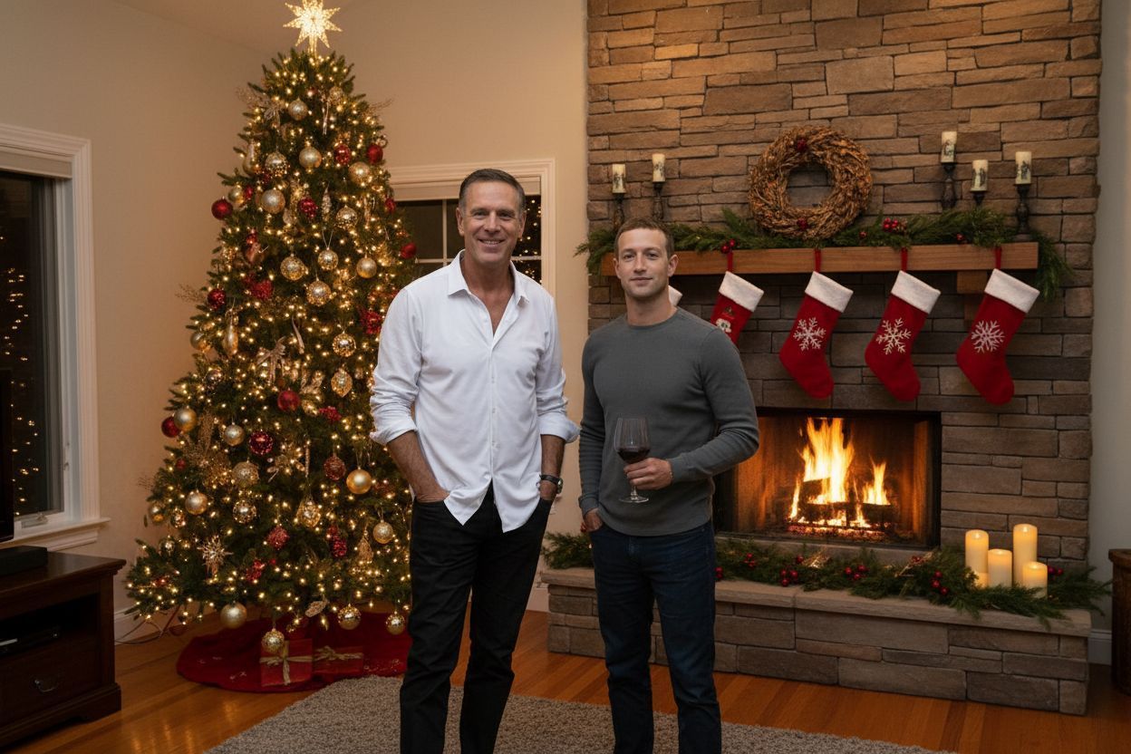 Two men posing by a lit Christmas tree and fireplace with stockings in a cozy living room