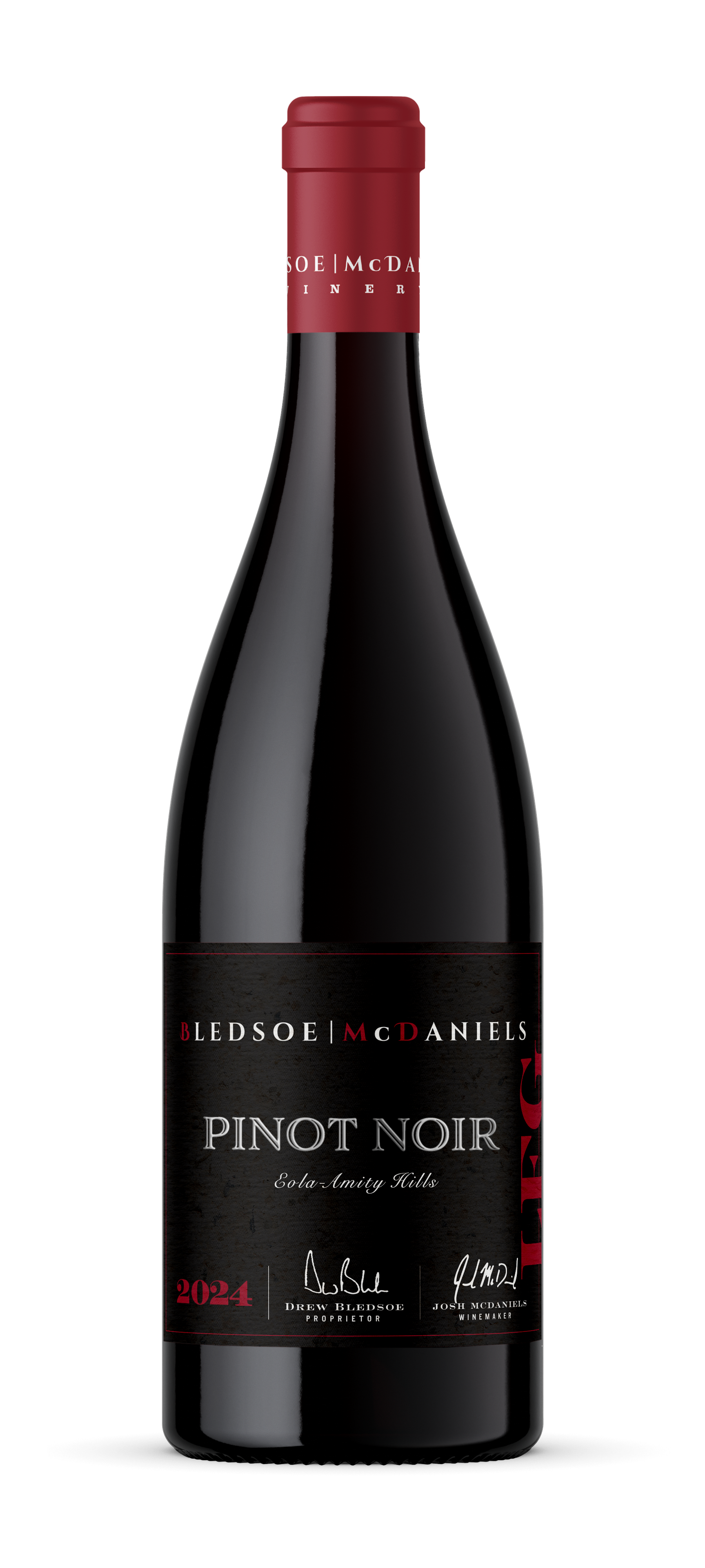 Bottle of red Pinot Noir wine with a red cap and black label on a white background