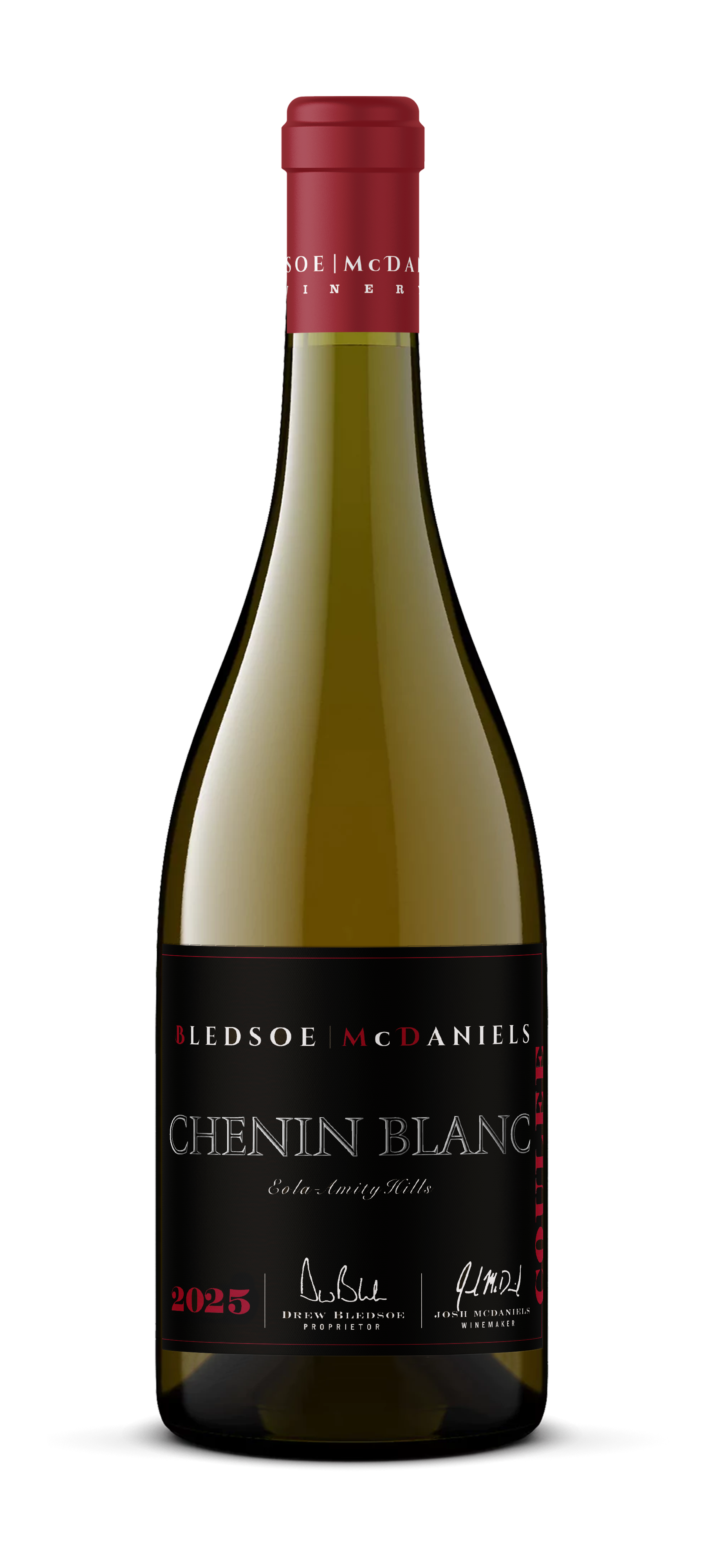 Bottle of red Pinot Noir wine with a red cap and black label on a white background