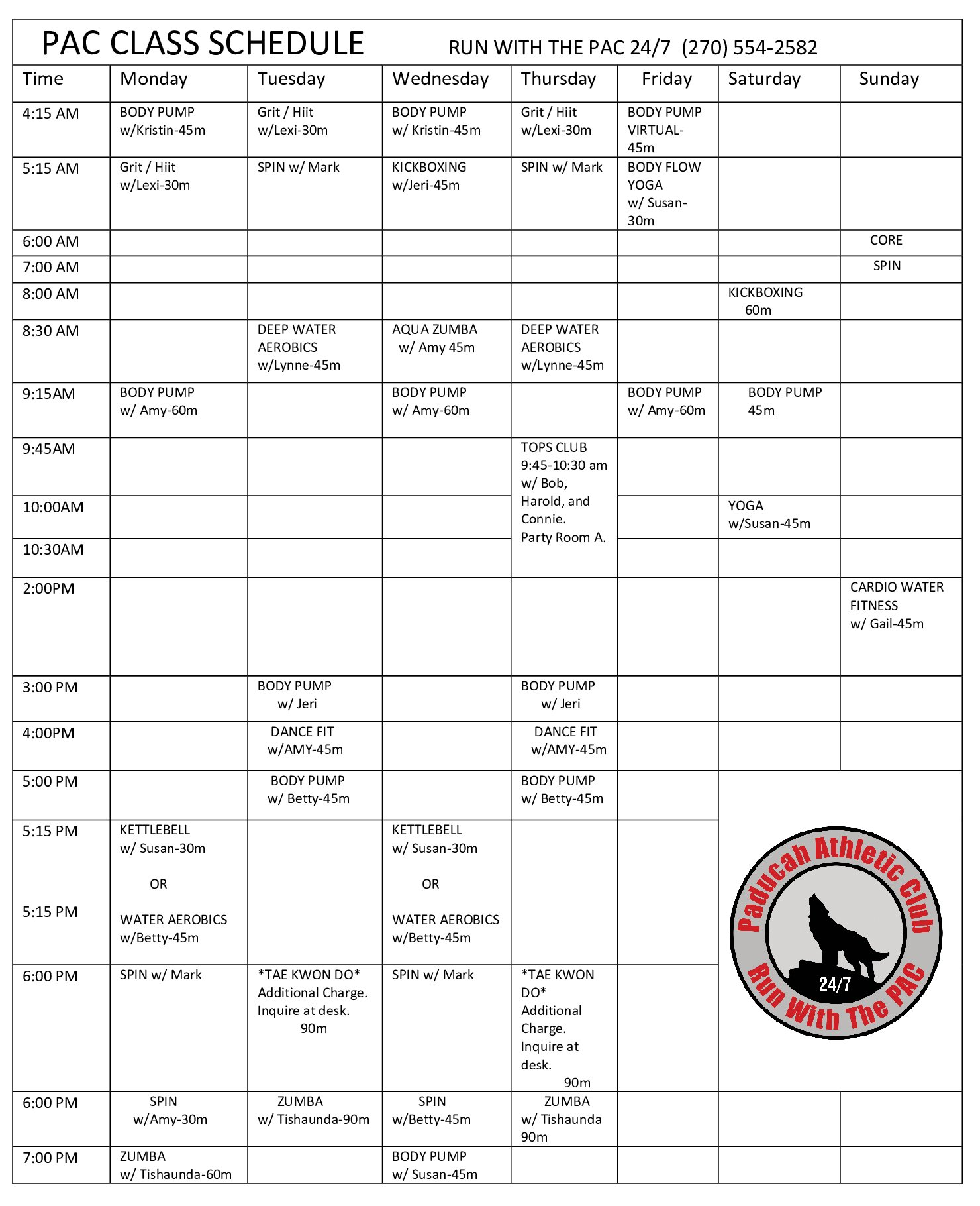 Class Schedule | Paducah Athletic Center Class Schedule | Paducah Athletic Center