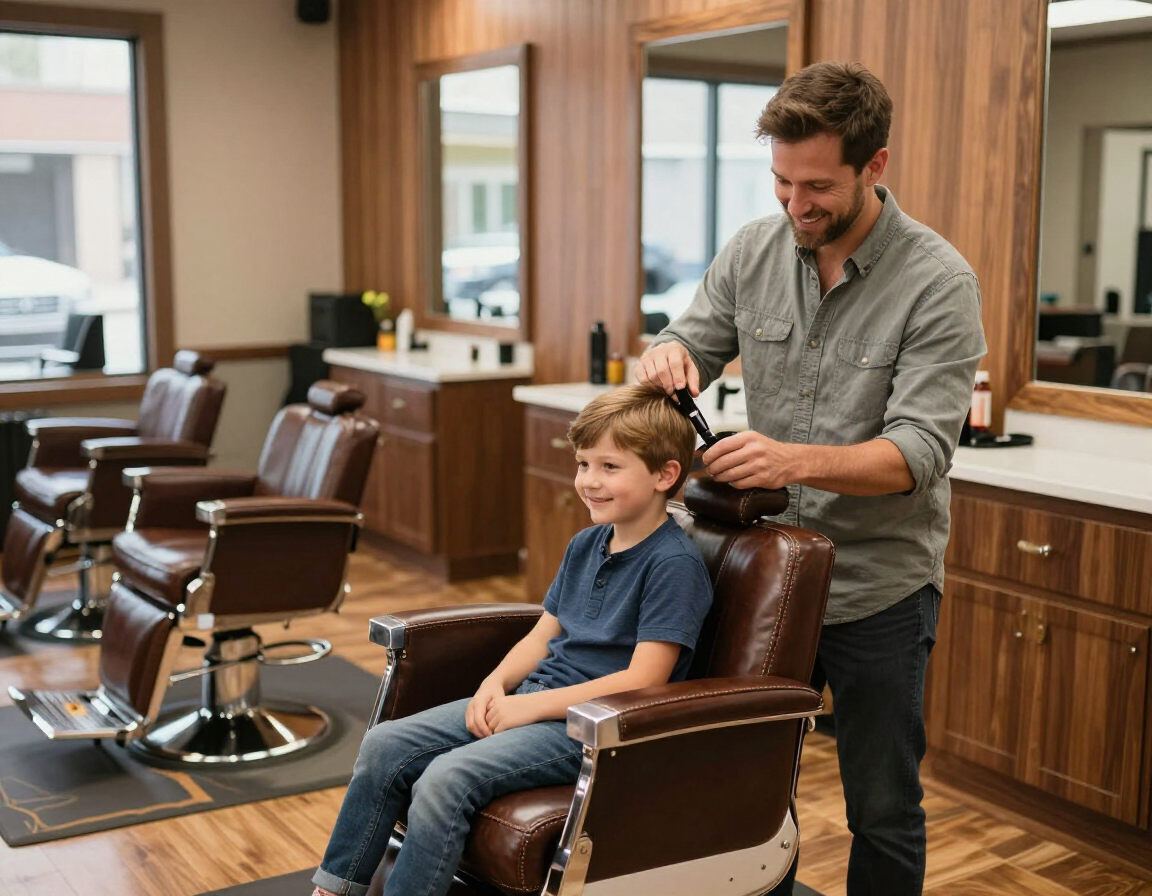 Hairdresser styling a child’s hair in a modern barbershop.