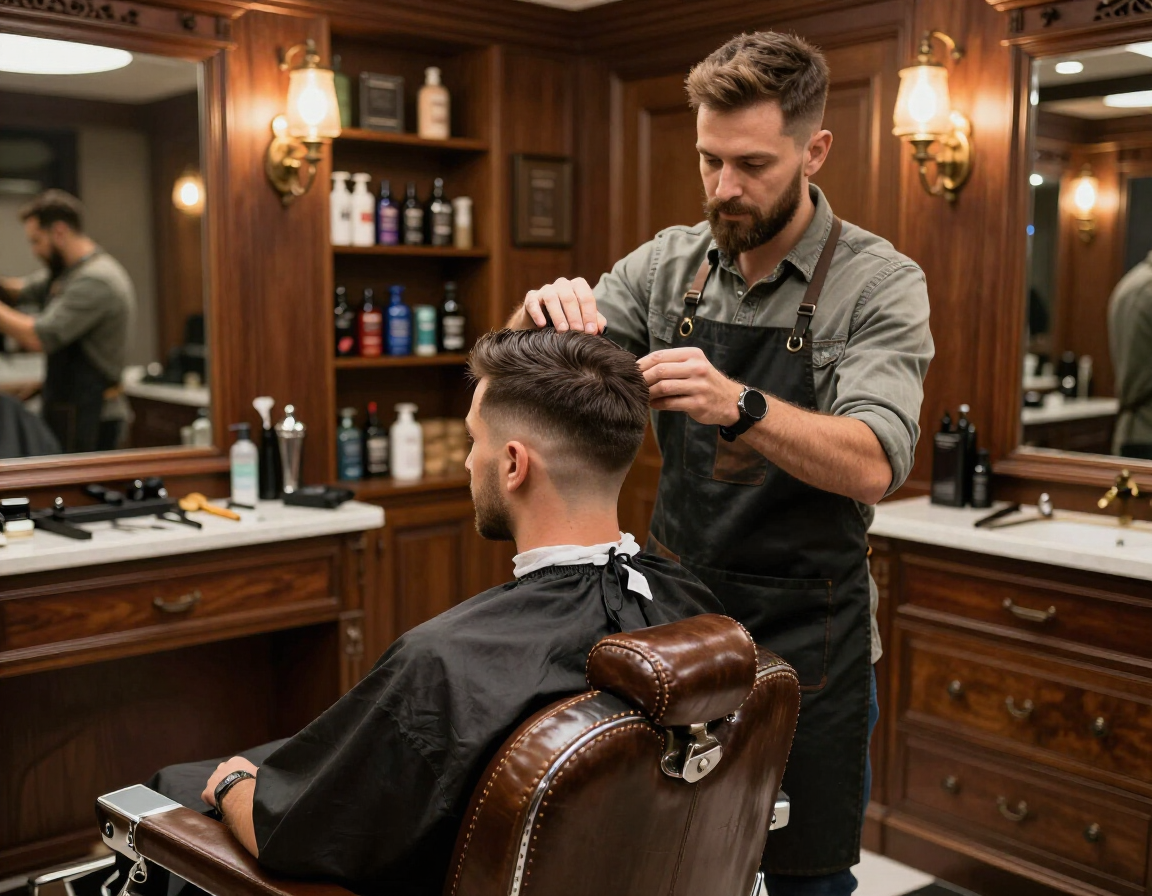 Barber trimming a client’s hair in a wood-paneled barbershop, with mirrors and grooming products.