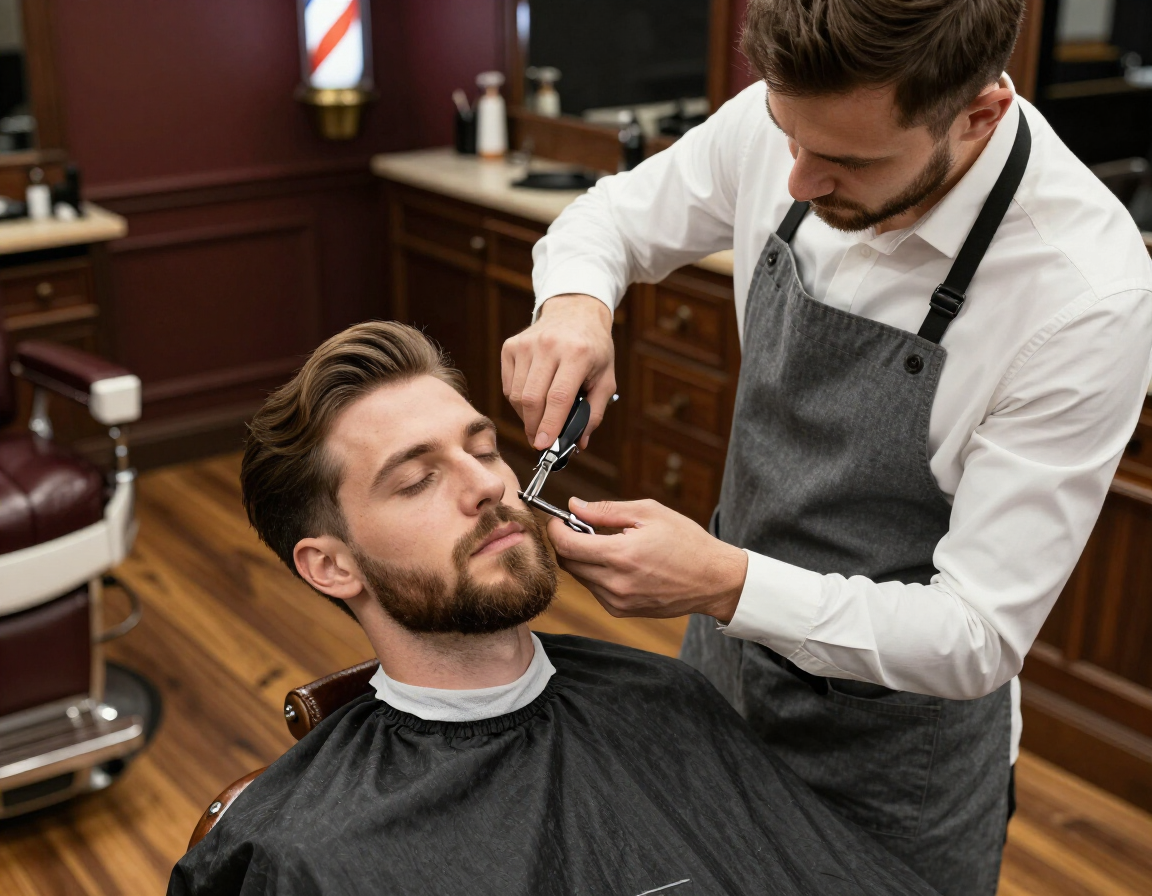Barber trimming a seated customer's beard in a classic barbershop