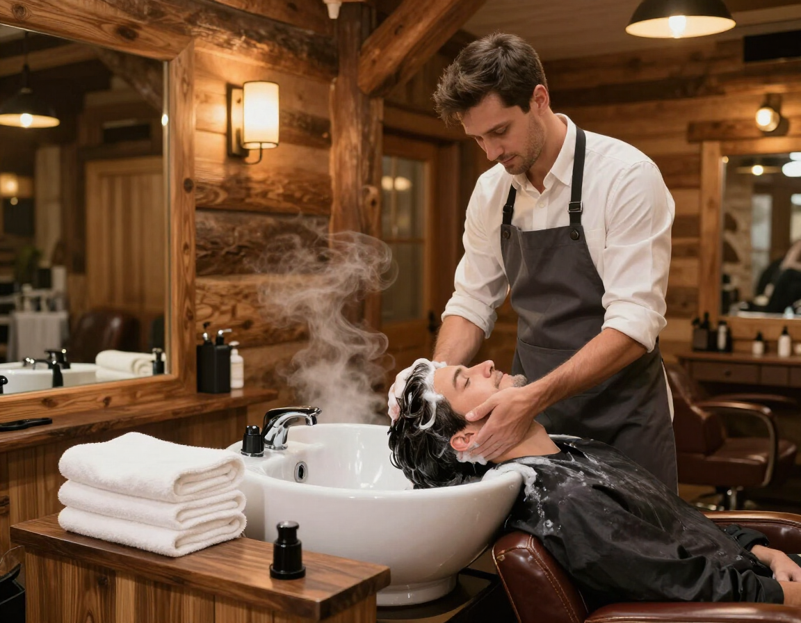 Hairdresser washing a client’s hair at a salon sink in a rustic wood-paneled interior