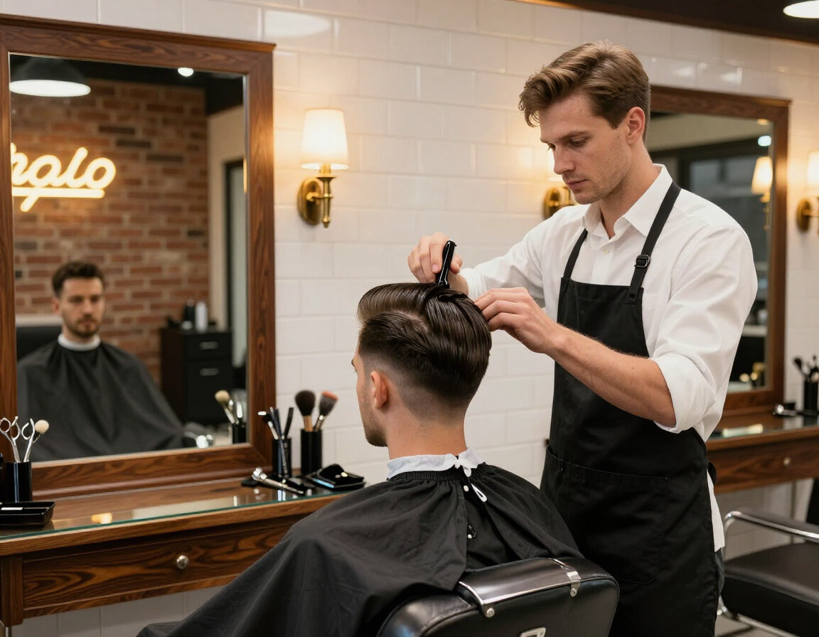 Barber trimming a client's hair in a classic barbershop with mirrors and warm lighting