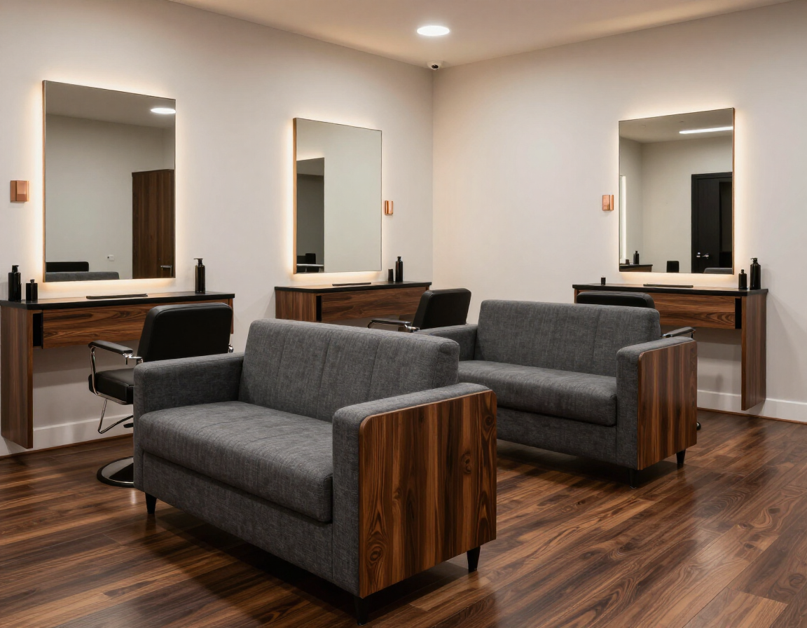 Modern salon with gray styling chairs, wooden stations, and mirrors on a polished hardwood floor.