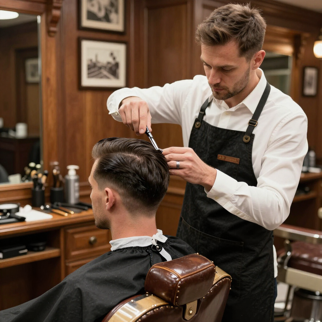 Barber trimming a man’s hair in a classic wood-paneled barbershop