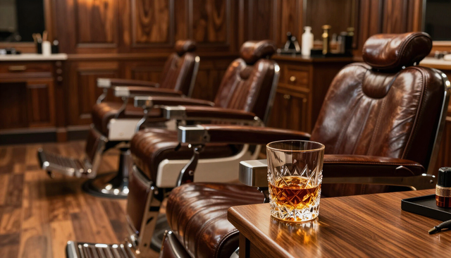Empty leather chairs in a wood-paneled lounge with a glass of amber liquor on a table