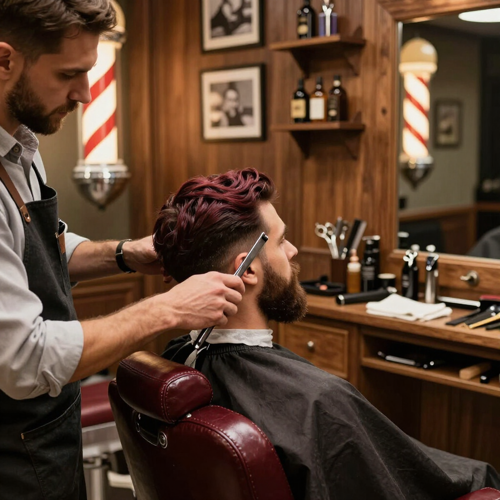 Barber trimming a client’s hair in a classic barbershop with wood-paneled walls and mirrors