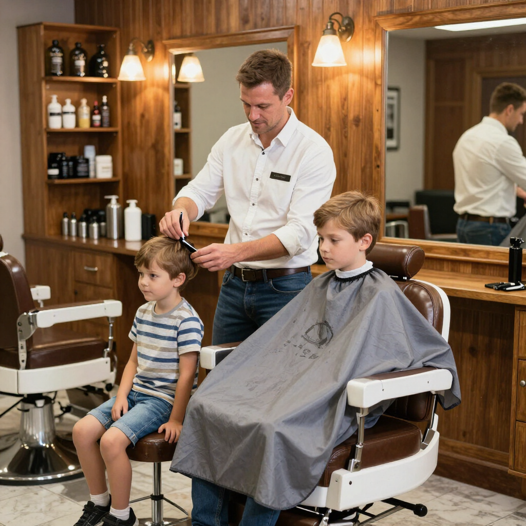 Barber cutting a child’s hair while another boy sits in a barber chair in a wood-paneled shop