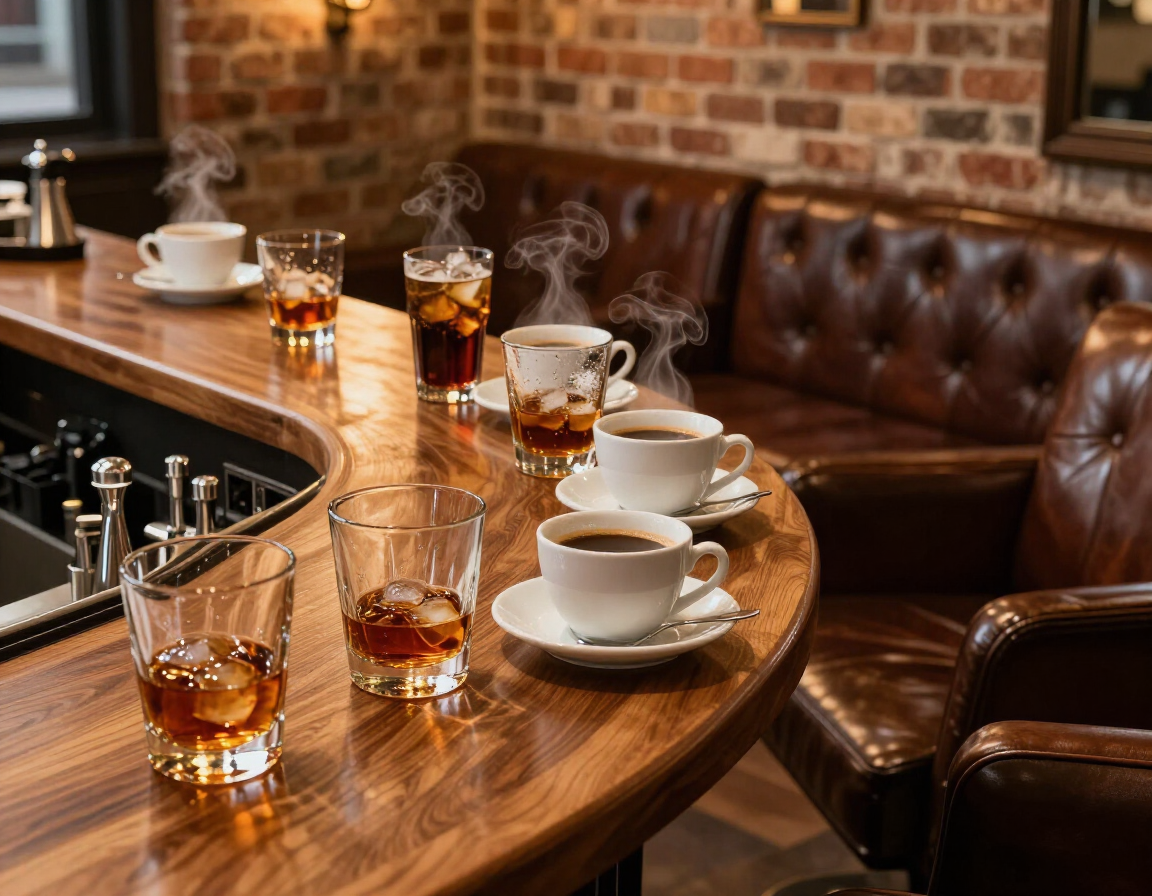Café table with espresso cups and glasses of iced coffee beside a leather booth and brick wall