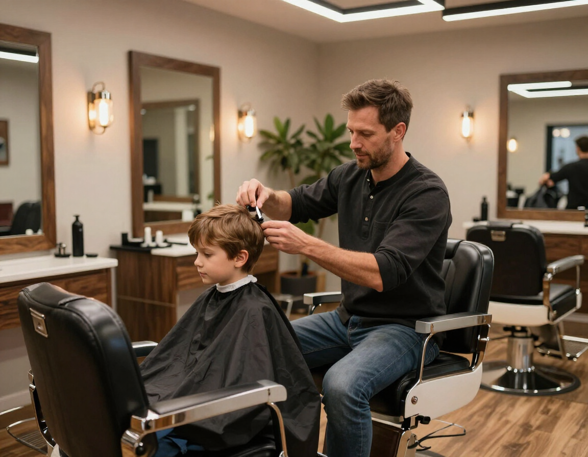 Hairdresser cutting a child's hair in a modern barbershop with black chairs and mirrors.