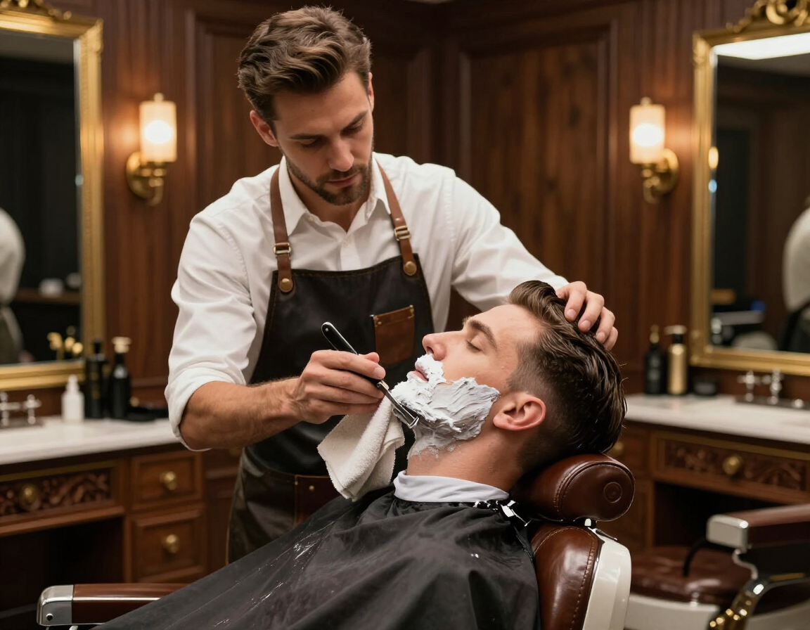 Barber shaving a client's beard in a classic barbershop with warm wood paneling