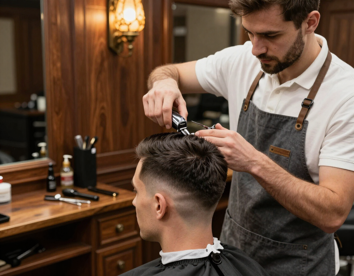 Barber trimming a customer’s hair in a warm-toned barbershop