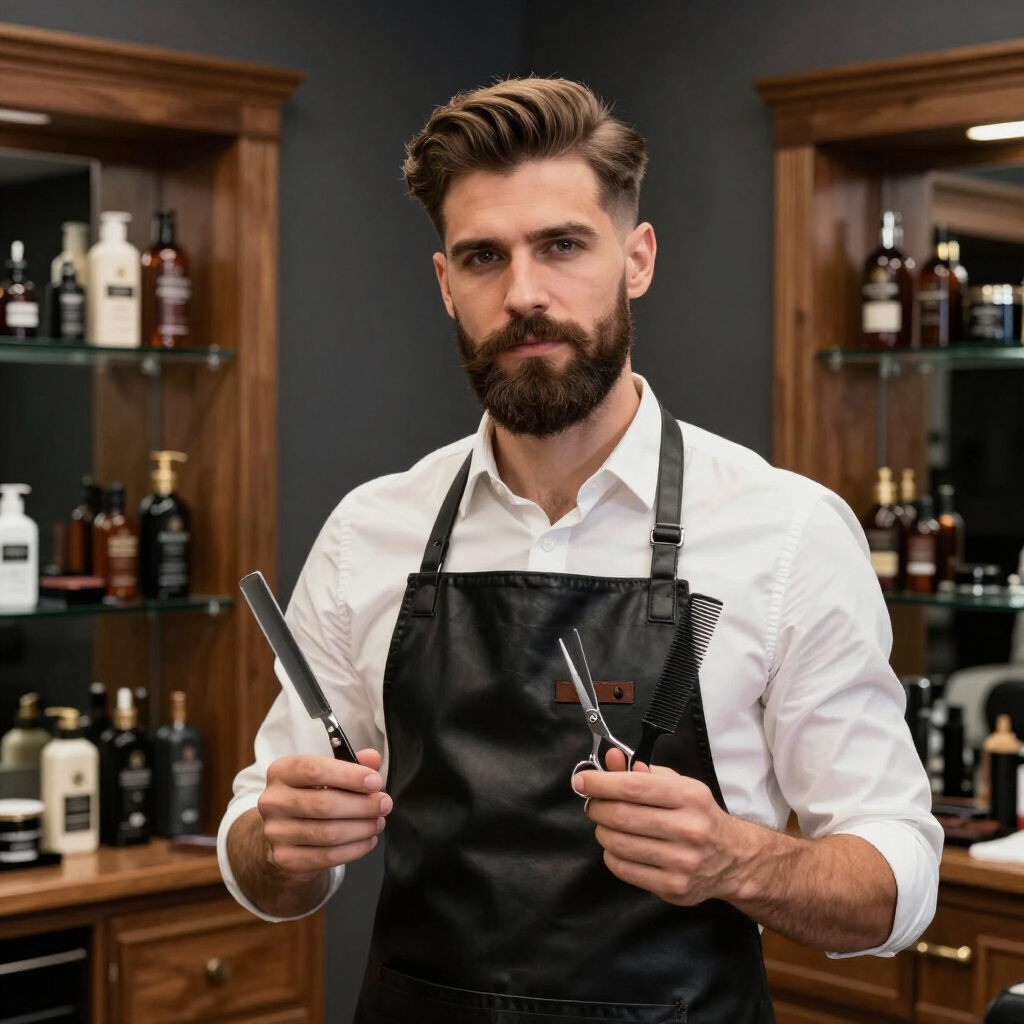 Barber in black apron holding scissors and comb in a grooming shop