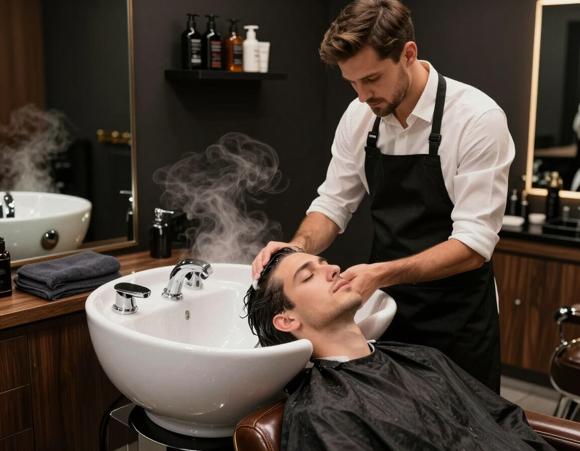 Barber washing a customer’s hair in a salon sink, with steam rising.