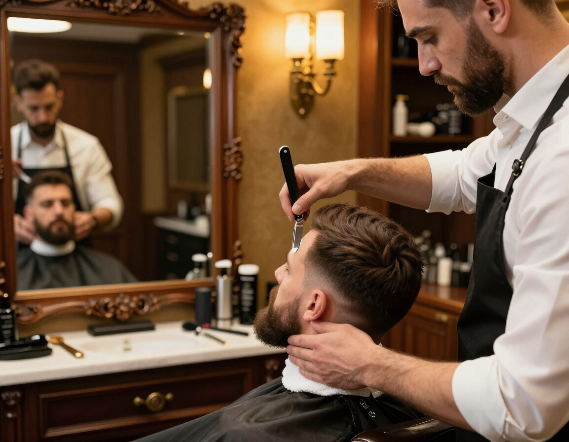 Barber trimming a client's hair in a classic barbershop, seen in a mirror reflection.