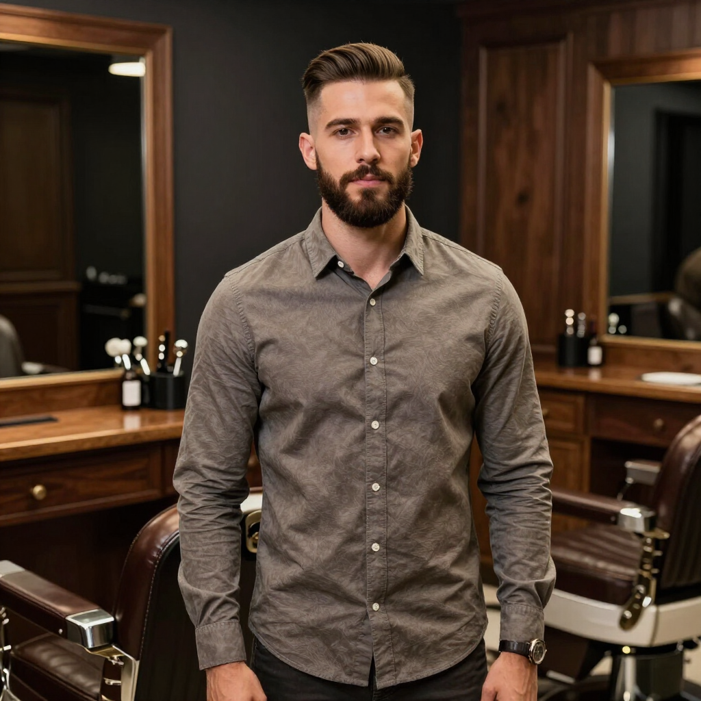 Man standing in a barbershop, wearing a patterned shirt, with mirrors and wooden counters behind him