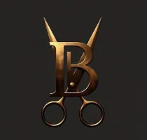 Gold monogram of a B with scissors and pointed shears on a dark background