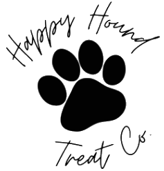 A black paw print with the words `` happy hound treat co '' written around it.