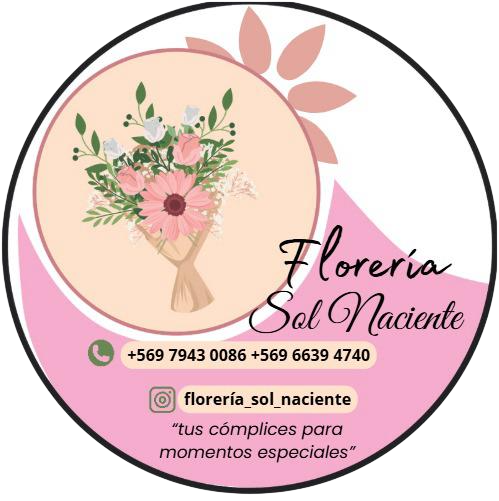 Logo de floristería “Florería Sol Naciente” con ramo de flores rosadas y datos de contacto en fondo rosa y blanco