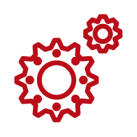 Red gear icons, one large and one small, on a white background