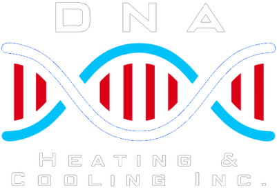 DNA Heating & Cooling Inc. logo with blue DNA strand and red bars on white background