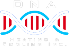 DNA Heating & Cooling Inc. logo with blue DNA strand and red bars on white background