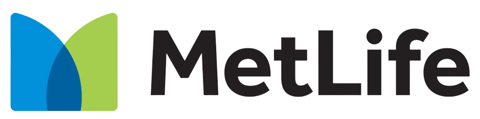 A metlife logo with a blue and green m on a white background.