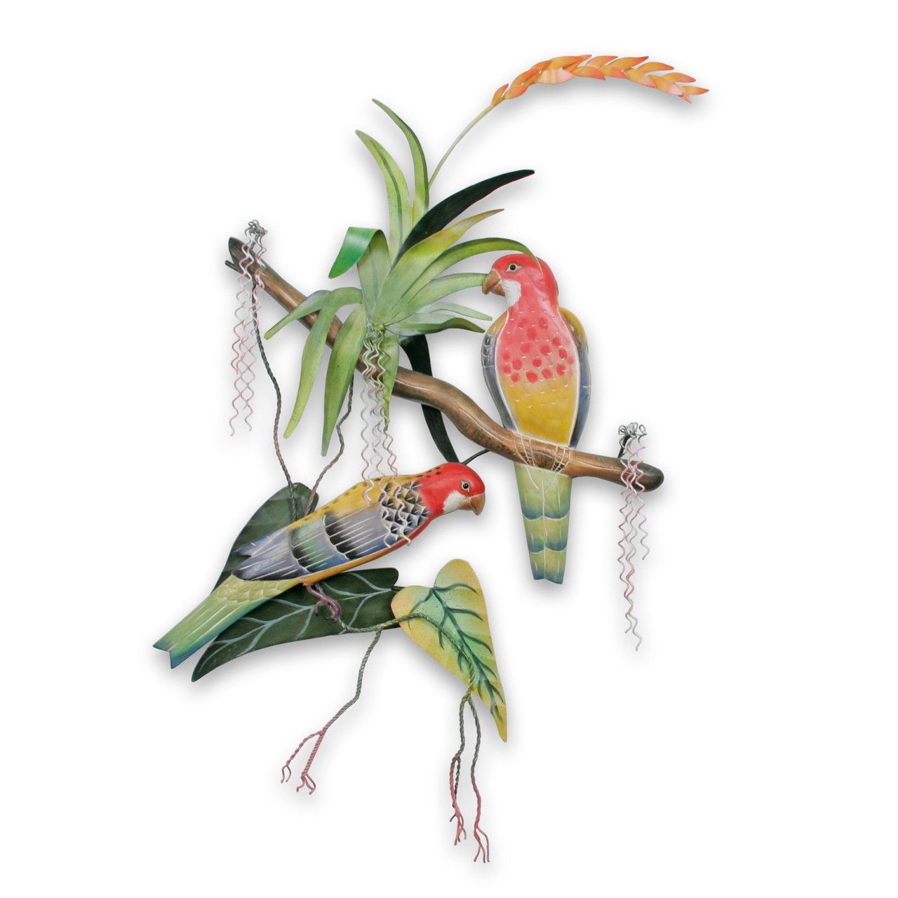 Rosellas Pair W/bromeliads Metal/Wood Wall Art