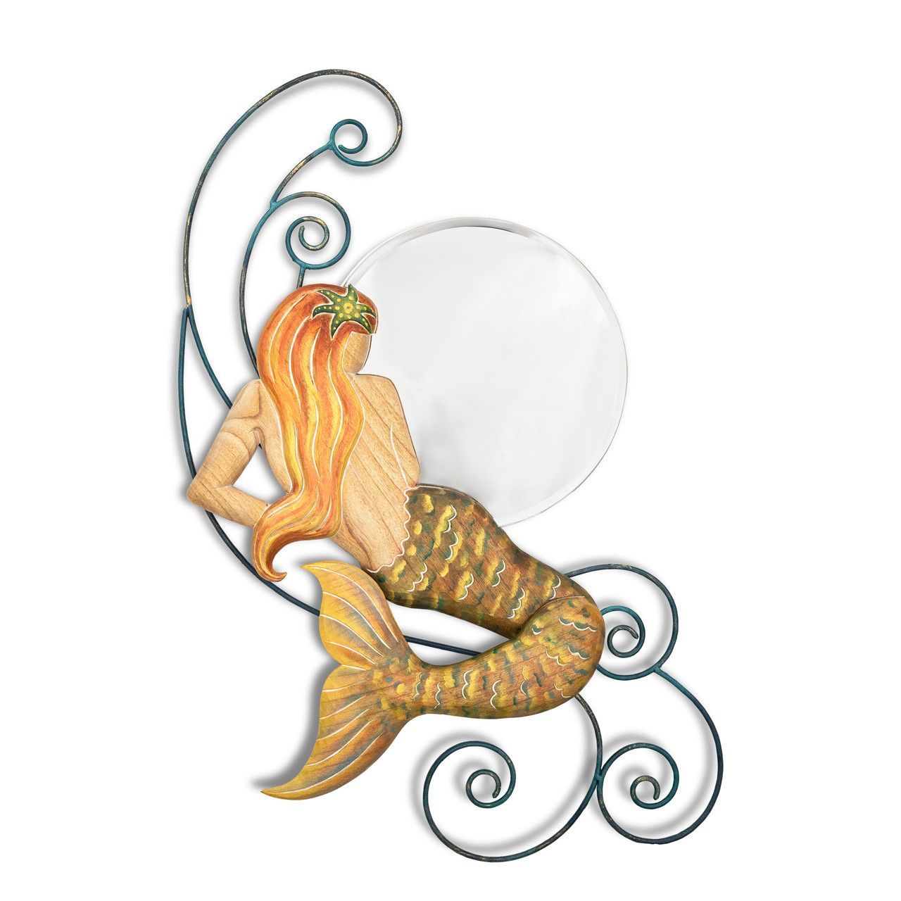 Mermaid w/ Waves Moon Mirror Wood/Metal Wall Art