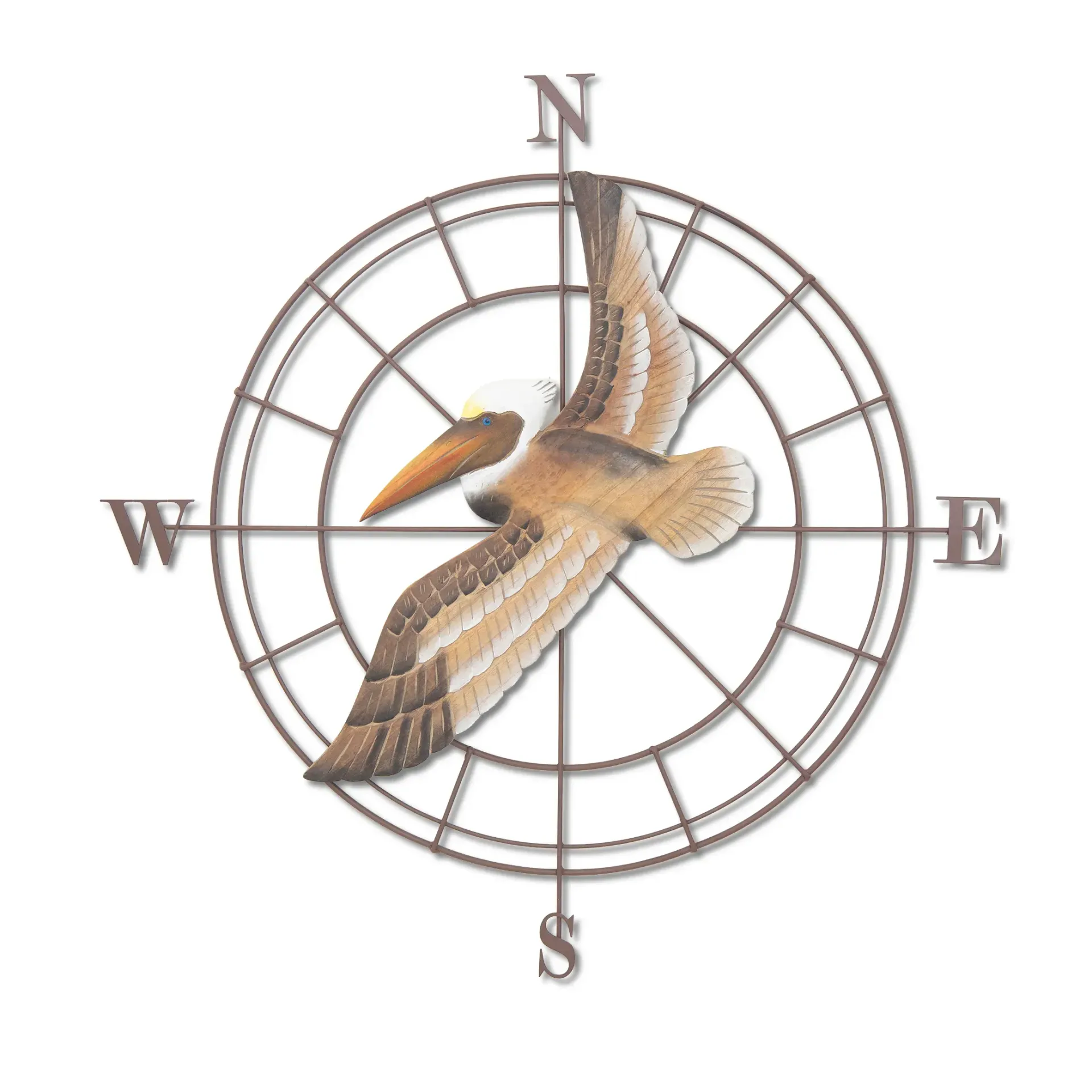 Compass - Pelican Flying  Metal/Wood Wall Decor