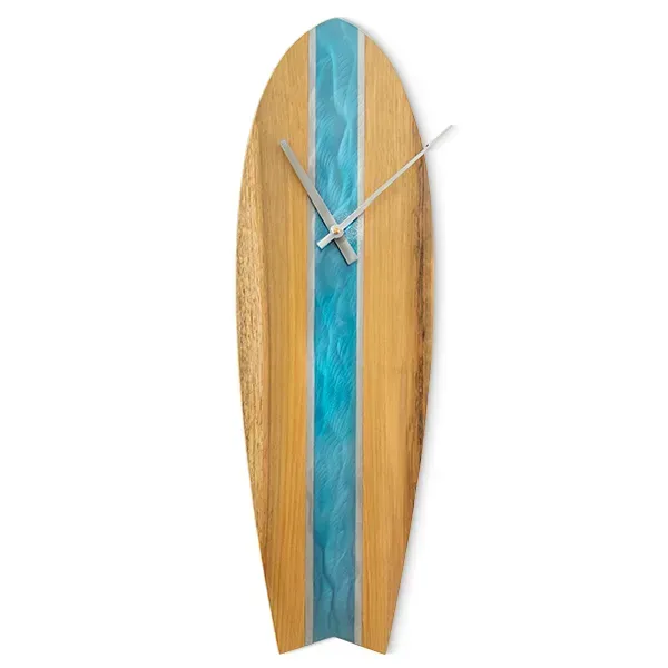 Surfboard Clock 1 (Blue/Stainless Steel & Teak) Wall Decor