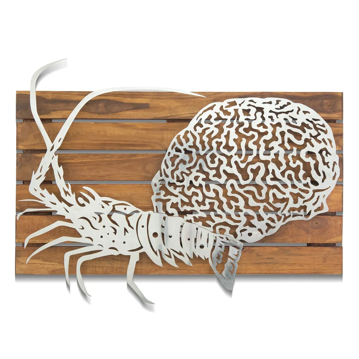 Lobster & Brain Coral On Teak Slat (304 Stainless Steel/Outdoor) Wall Art