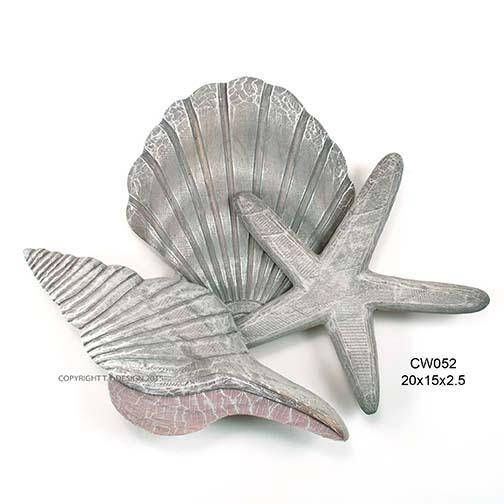 Shell Collection 2 Gray (Scallop Spindle Shell Starfish) Wood Wall Art