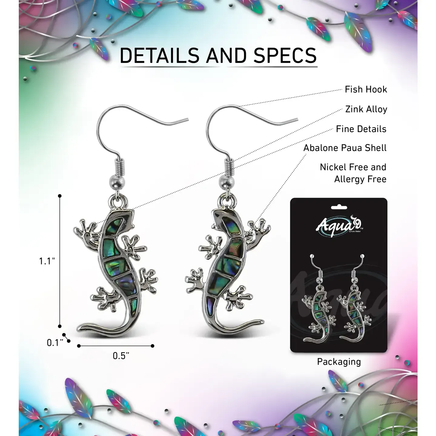 Aqua79 Jewelry Earrings Dangle Post Fish Hook Natural Paua Gecko
