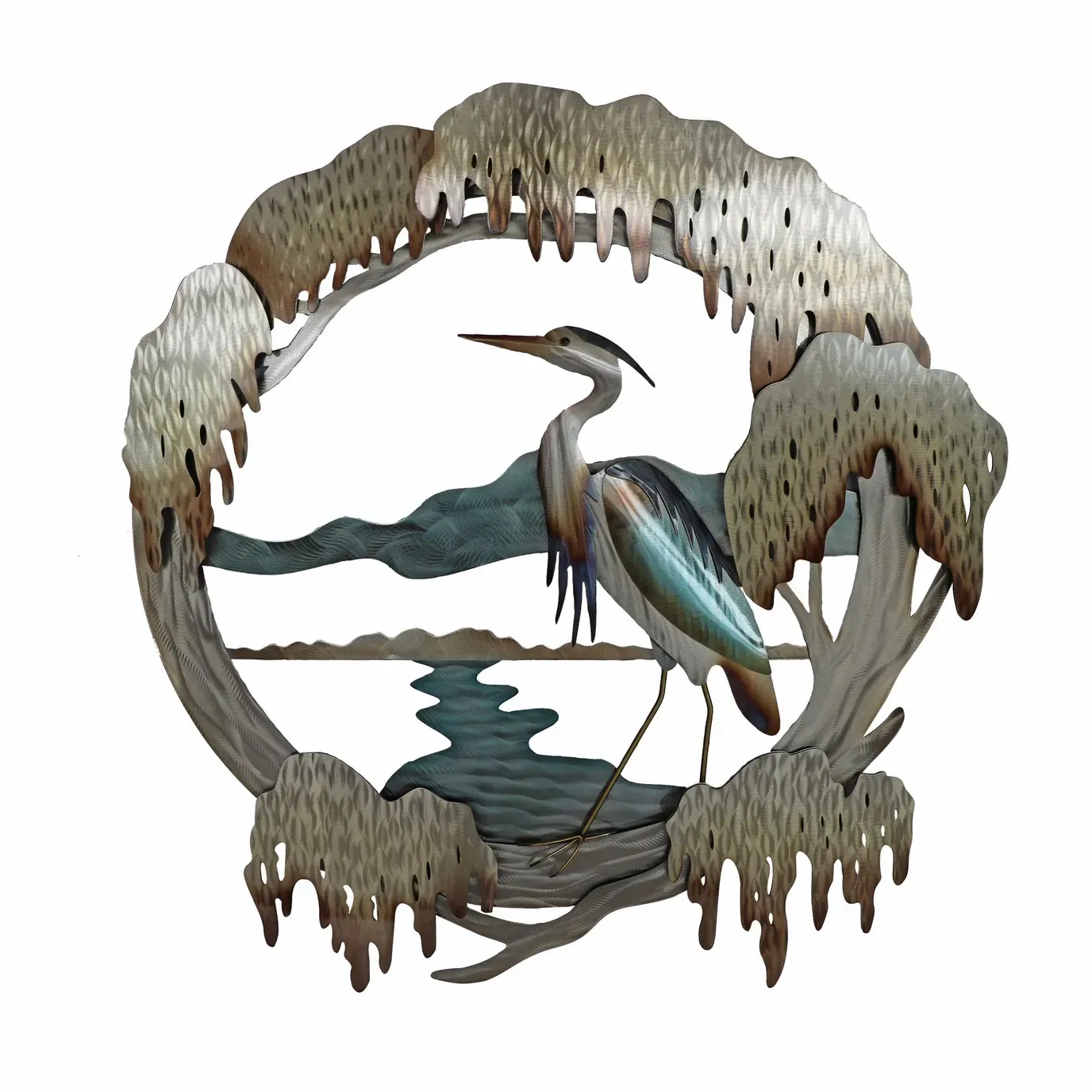 Heron In Cypress Tree Lit Stainless Steel Wall Art
