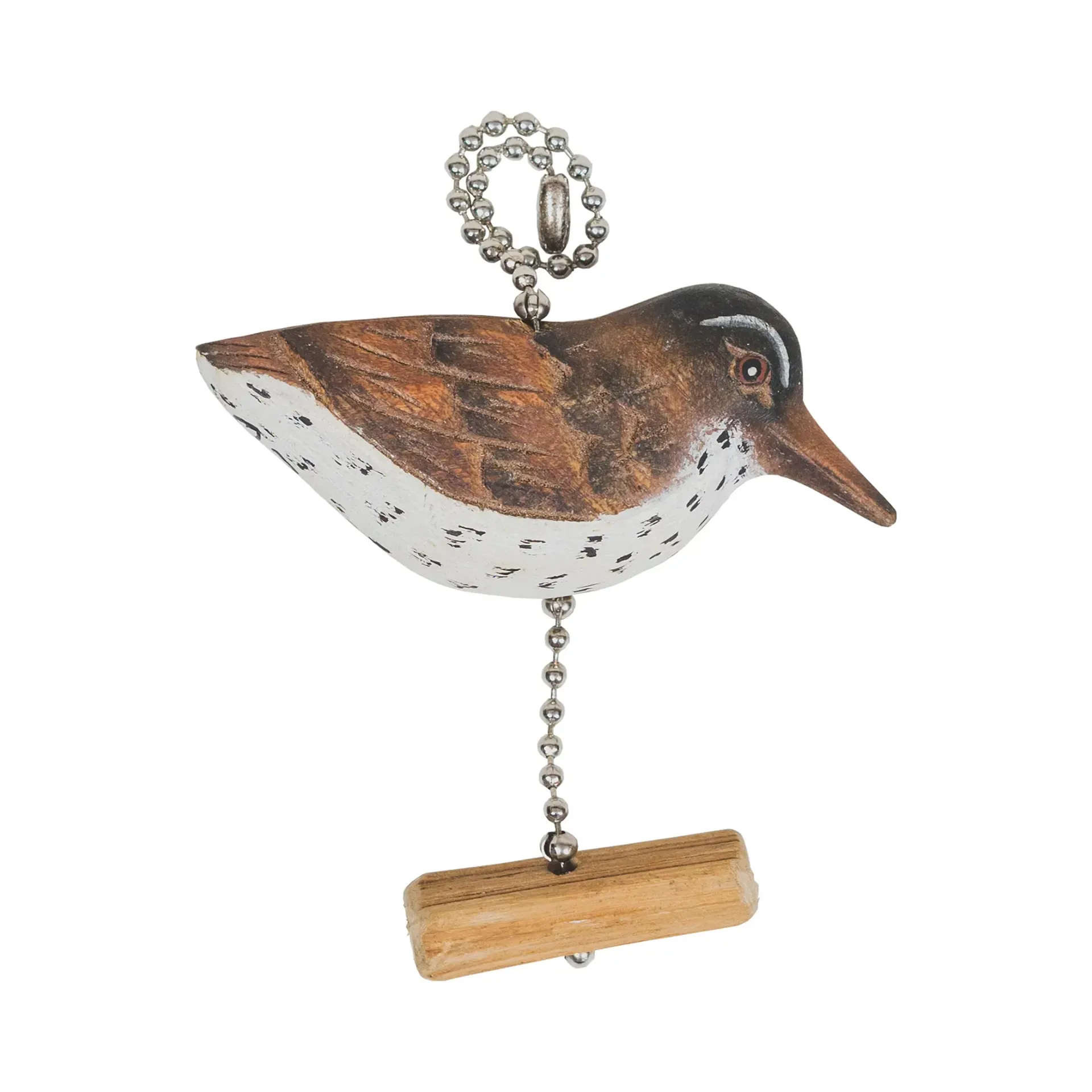 Carved Wooden Sandpiper ornament with brown, white and black feathers, hanging from a beaded chain