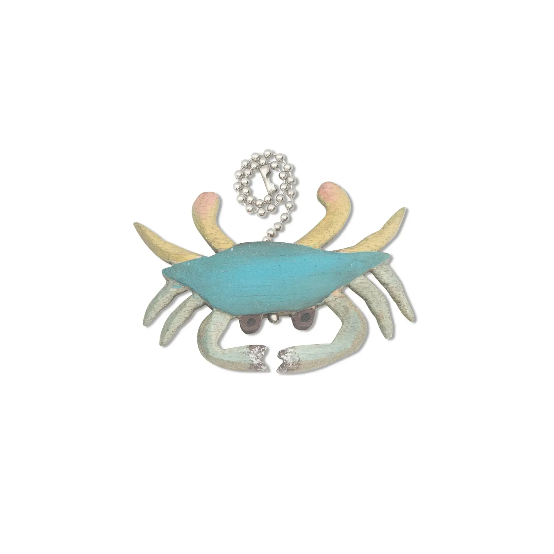Carved wooden Stylized blue crab with tan claws and a chain