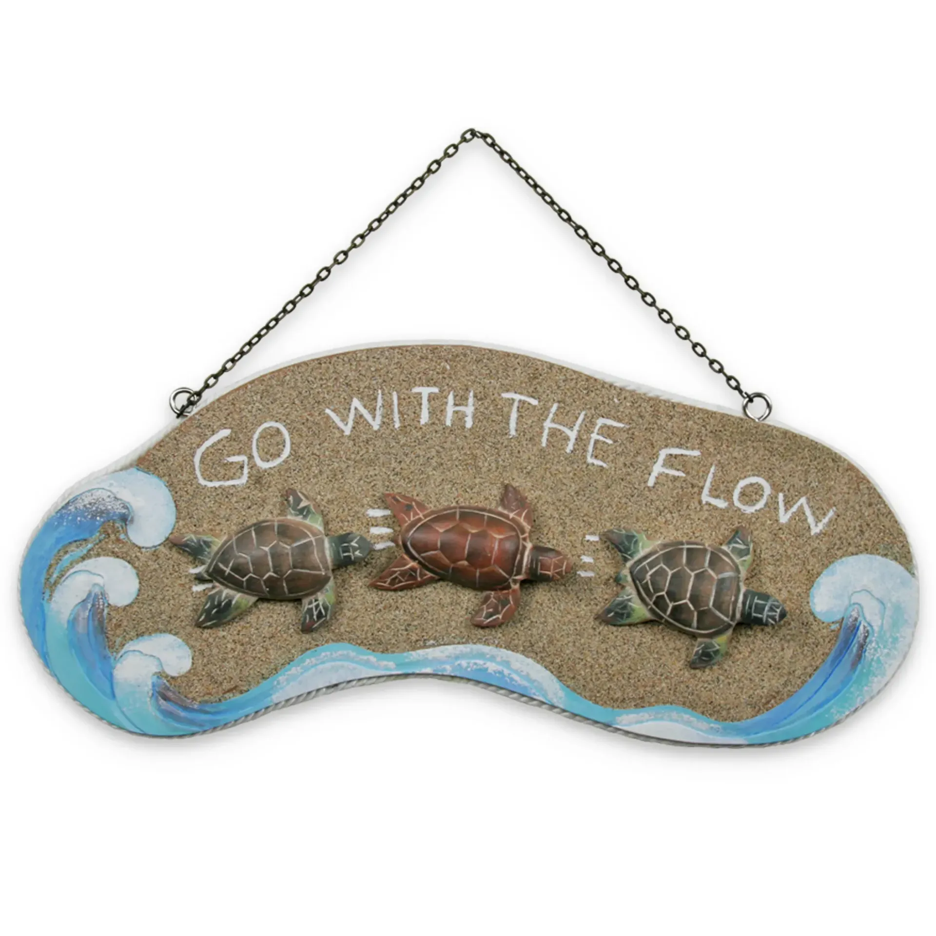 Decorative hanging sign with turtles and waves reading “Go with the flow”