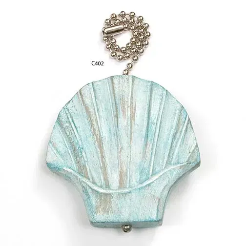 Carved Wooden Aqua scallop seashell-shaped fan pull with chain
