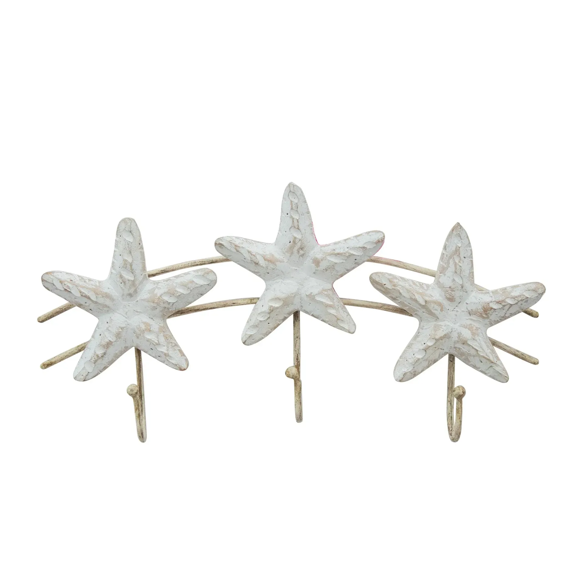 Three white starfish ornaments on a thin curved metal rail with three hooks