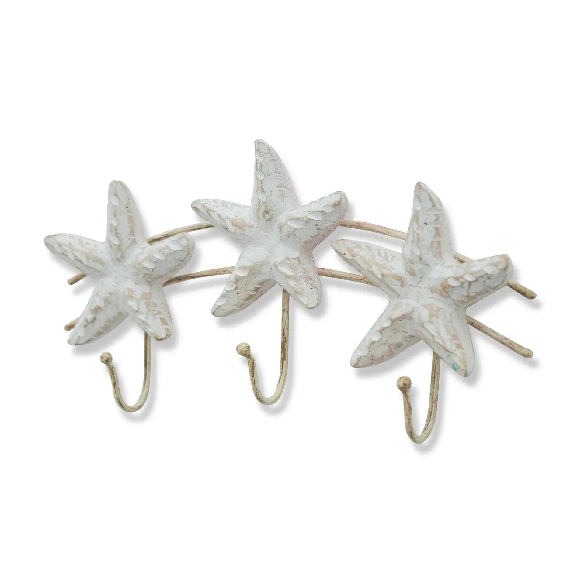 Three white starfish ornaments on a thin curved metal rail with three hooks