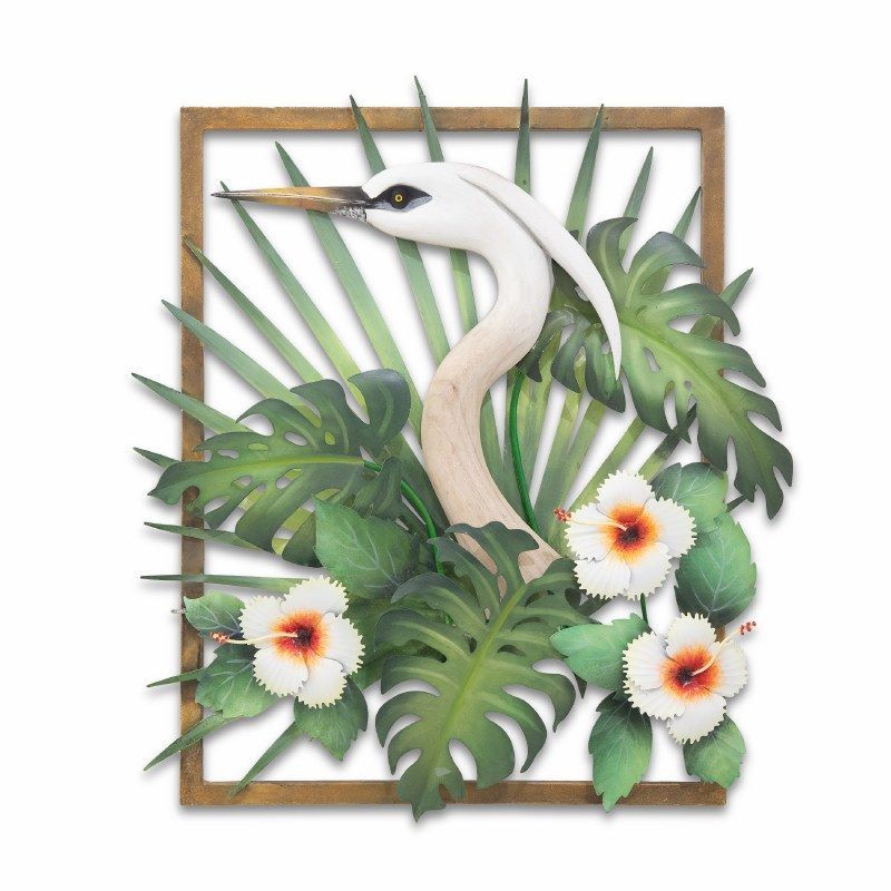 Heron Floral Frame Face Left Metal/Wood Wall Art